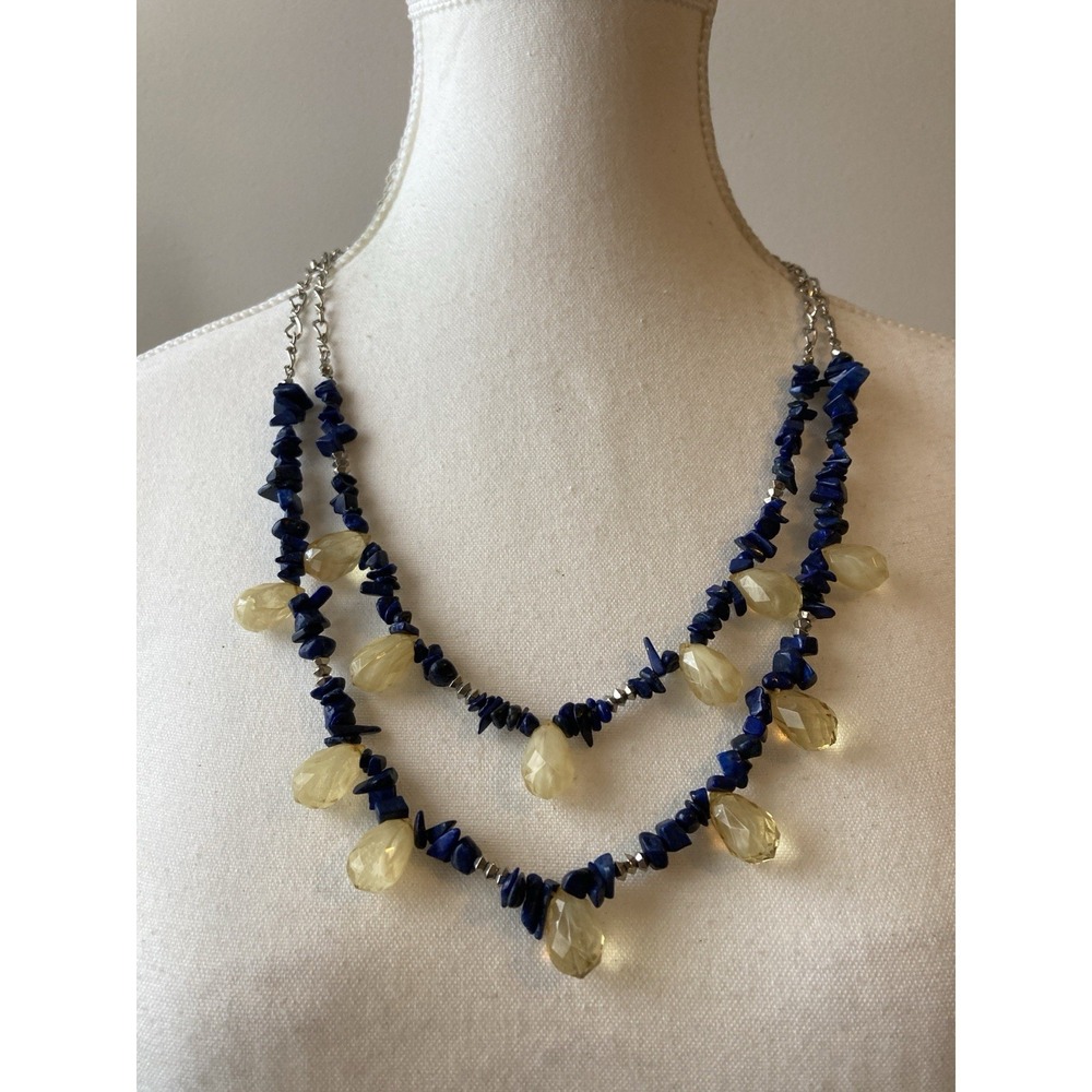 Romantic Necklace In Blue Stone Chip & Lemon Beads Double Strand Elegant Party